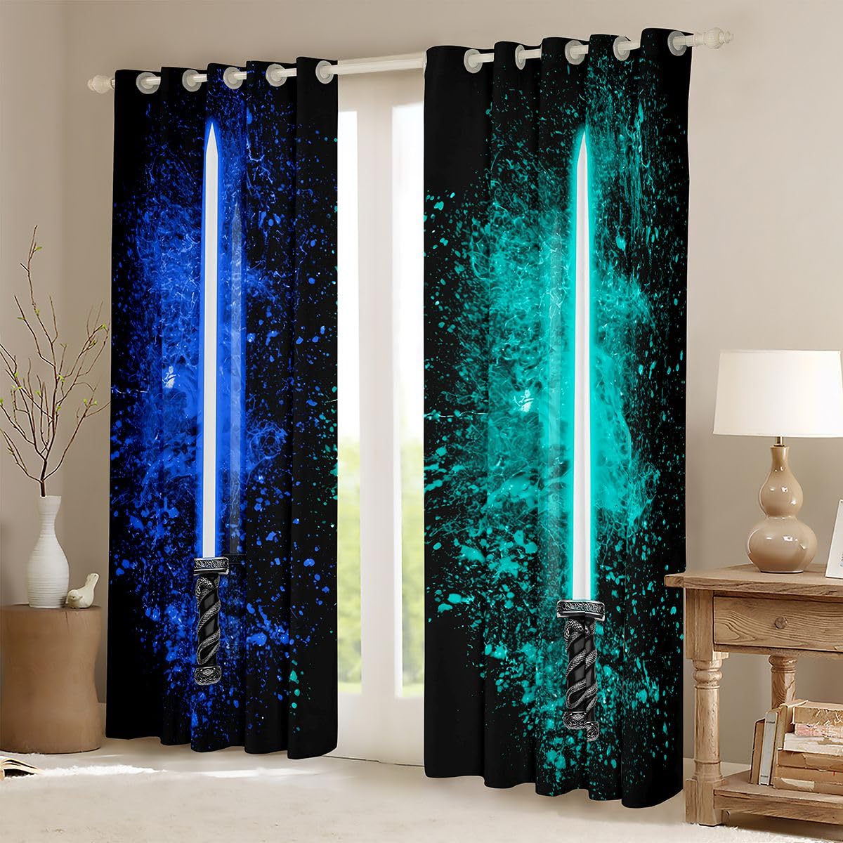 Feelyou Lightsaber Curtains for Girls Boy Home Decoration Lightsaber Rod Pocket Thermal Insulated Blue Teal 2 Panels Window Curtains Darkening Drapes for Bedroom Living Room 42W X 63L Inch