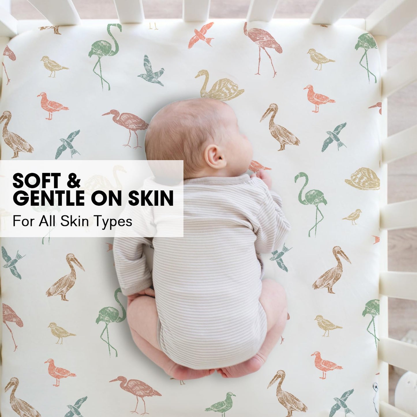 Little Grape Land Crib Sheets for Boys and Girls, 2pk Baby Crib Fitted Sheet for Standard Size Crib and Toddler Mattress, Super Soft Baby Sheet, Wetland Birds