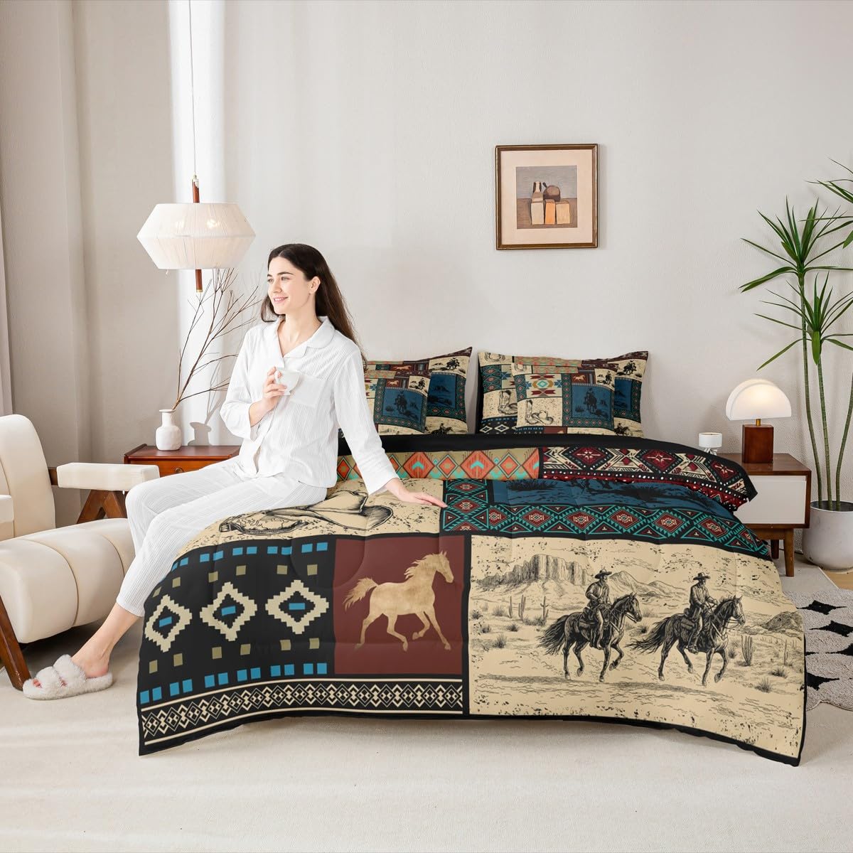 Erosebridal 7 Pieces Western Cowboy Bedding Set Full Size | Cowgirl Patchwork Southwestern Comforter Set for Kids Teens Adults Country Farmhouse Bed in A Bag Horse Rustic Cabin Bedding Collections