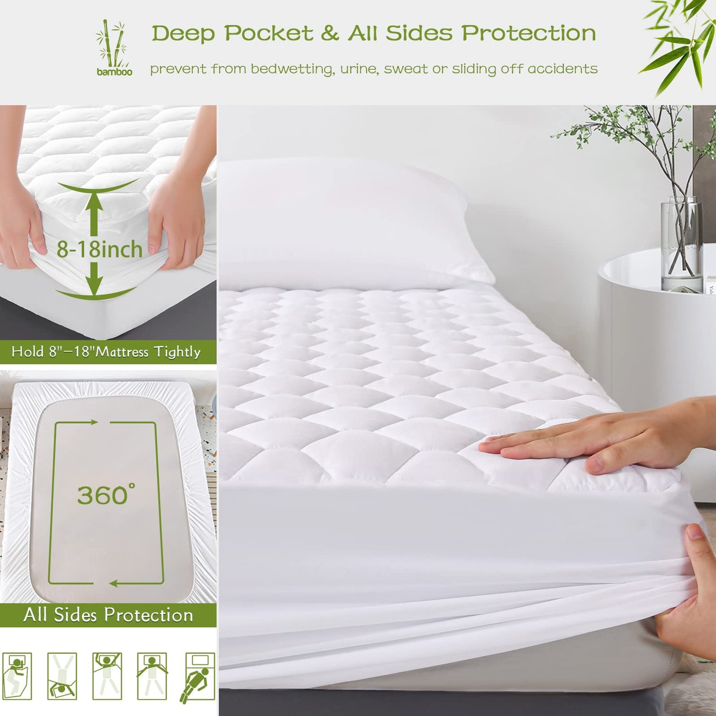 GRT Full Mattress Protector Waterproof, Rayon from Bamboo, Cooling Quilted Fitted Mattress Pad, Noiseless Waterproof Mattress Cover, fits up to 18" Deep, Dust Proof White