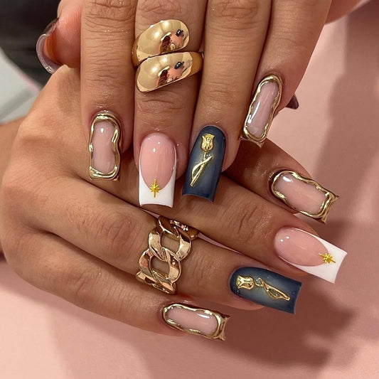 French Tip Press on Nails Medium Square Fake Nails with 3D Gold Rose, Star, Charms Designs Full Cover Glossy False Nails Press ons Stick on Nails for Women Manicure 24Pcs