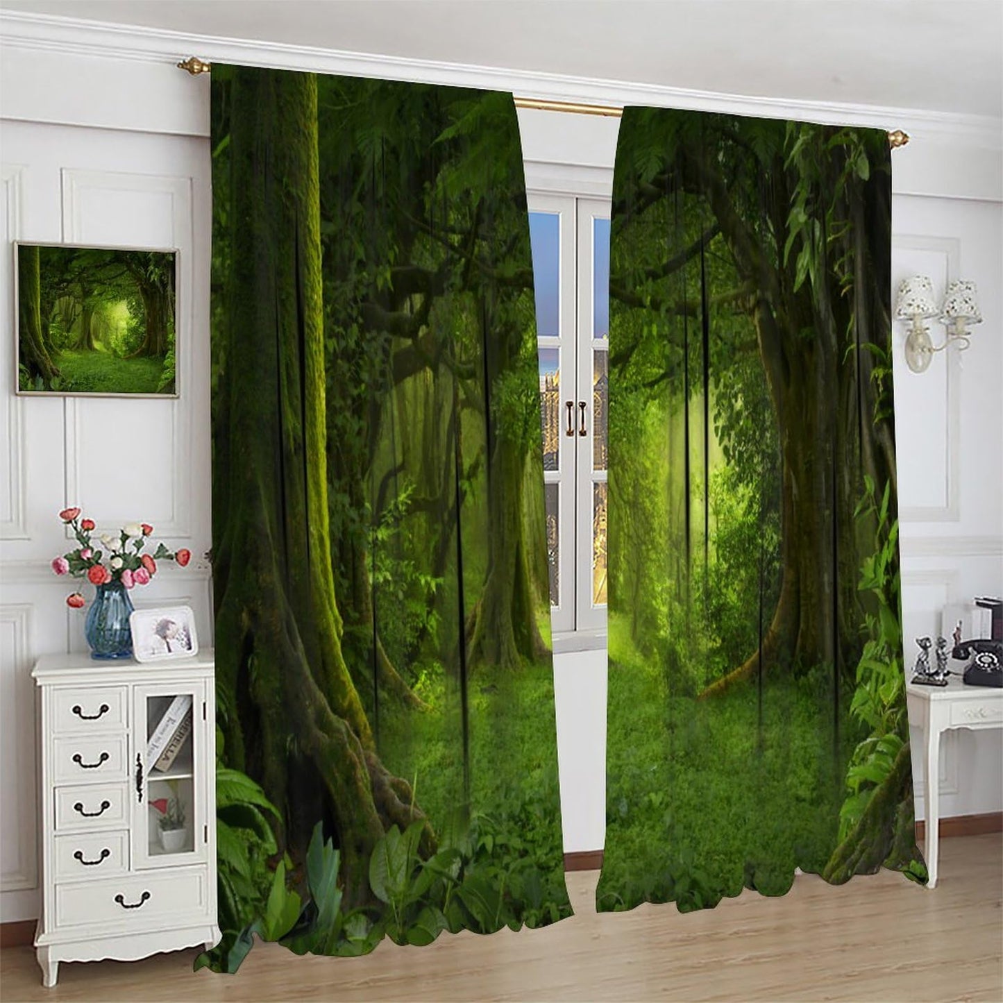 HZOHNAGO Forest Curtains Fantasy Nature Green Forests Pattern Blackout Print Rod Pocket Window Drapes for Bedroom Living Room 42x45in