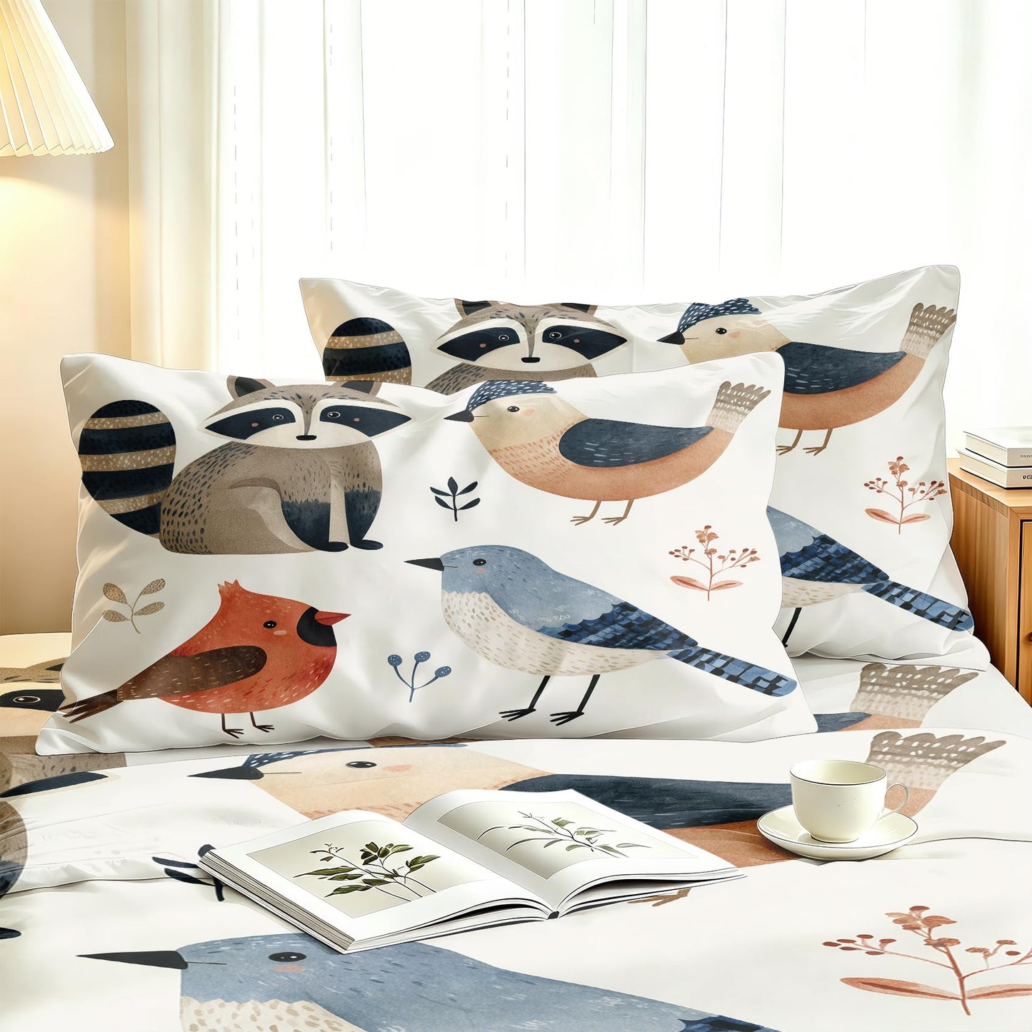 Bird Bedding Set 4 Pcs Raccoon King Sheets, Red Blue White
