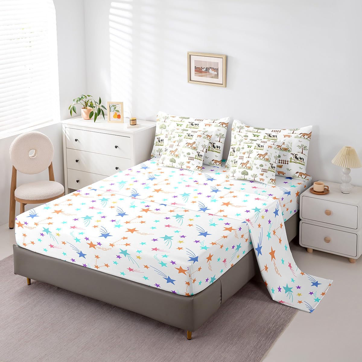 Erosebridal 7 Pcs Cute Farm Animals Kids Comforter Set Cartoon Horse Sheep Cow Pig Twin Bedding Set for Child Rustic Farmhouse Cabin Comforter Woodland Animal Trees Top Sheet for Boys Girls Bedroom