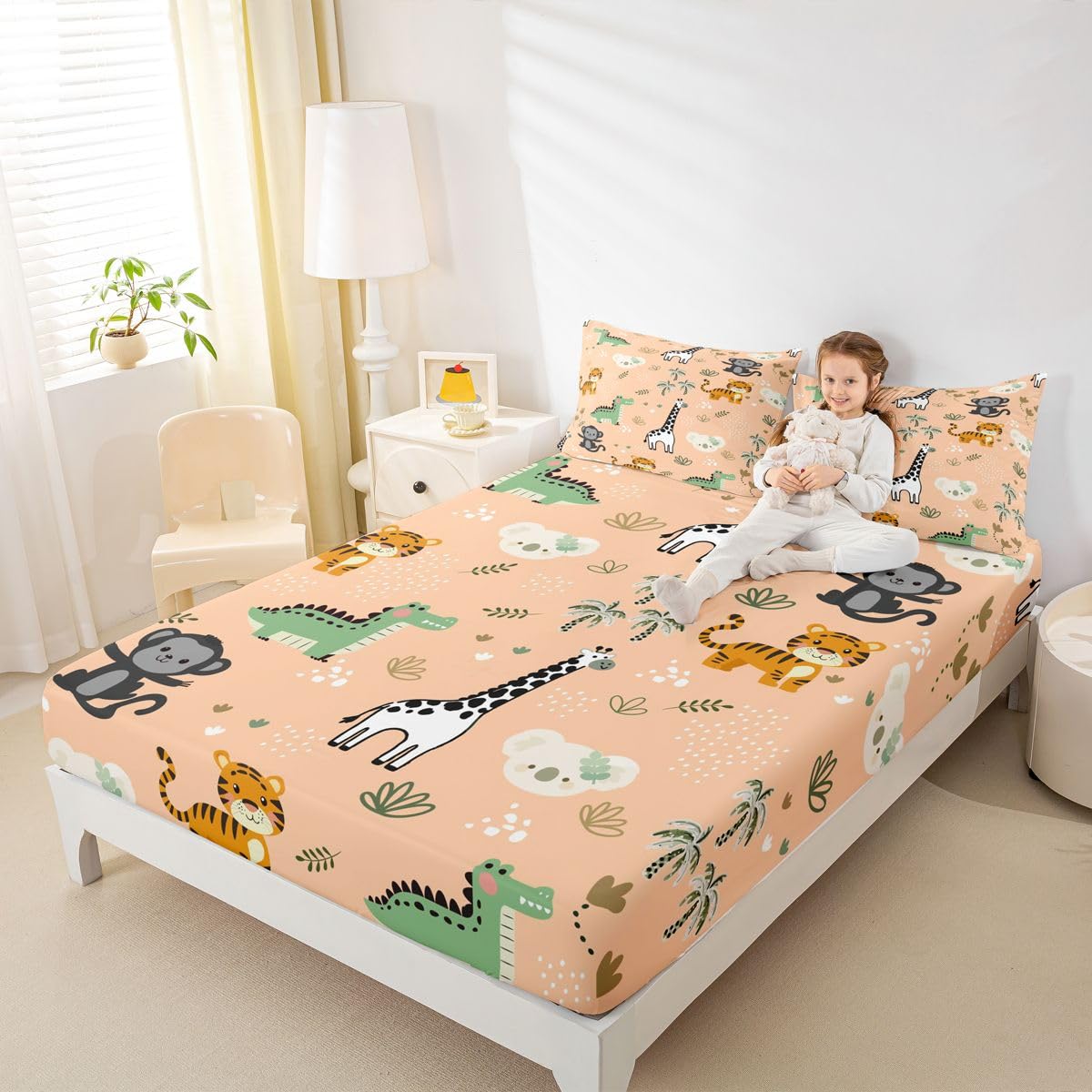 Erosebridal Jungle Animals Sheet Set Full Cute Cartoon Animals Bed Sheets for Kids Boys Girls Safari Flat Fitted Sheet Hunting Wildlife Sheets 3 Pcs