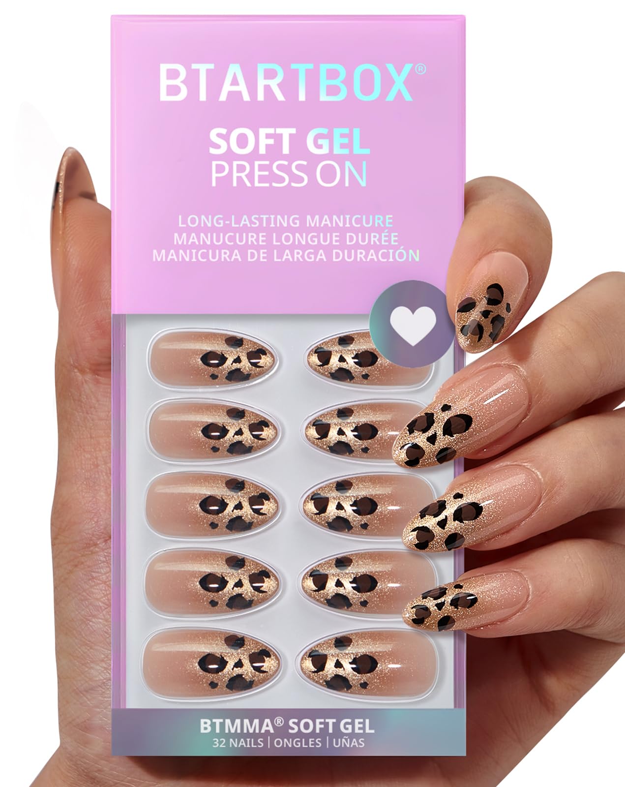 BTArtbox Press On Nails Almond - Gilder Roar, Sparkly Leopard Medium Press On Nails with Glue and Adhesive Tabs for Women, Soft Gel Glue On Nails in 16 Sizes - 32 Stick On Nails Kit