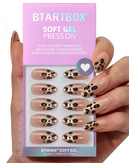 BTArtbox Press On Nails Almond - Gilder Roar, Sparkly Leopard Medium Press On Nails with Glue and Adhesive Tabs for Women, Soft Gel Glue On Nails in 16 Sizes - 32 Stick On Nails Kit