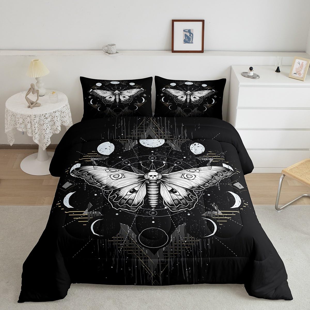 Manfei Death Moth Comforter Set Twin Size Galaxy Sun and Moon Duvet Insert Boho Gothic Skull Bedding Set 2pcs for Kids Boys Teens Room Decor Black and White Quilted Duvet with 1 Pillowcase