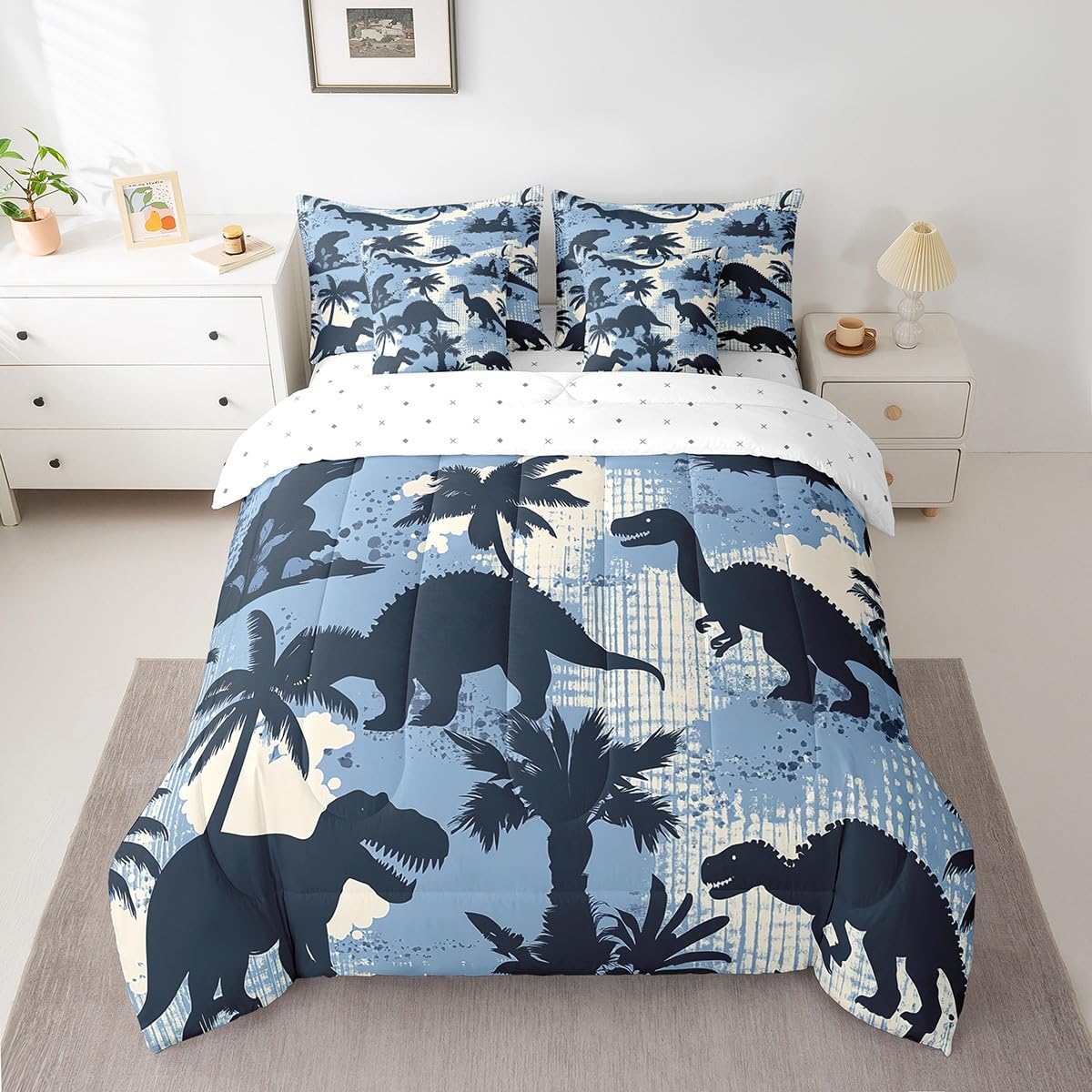 Erosebridal Dinosaur Comforter Set 7 Piece Bed in a Bag Twin,Camouflage Blue Bedding Sets Abstract Dino Sheet Set with Comforter,Jungle Wildlife Wild Animals Bed Set