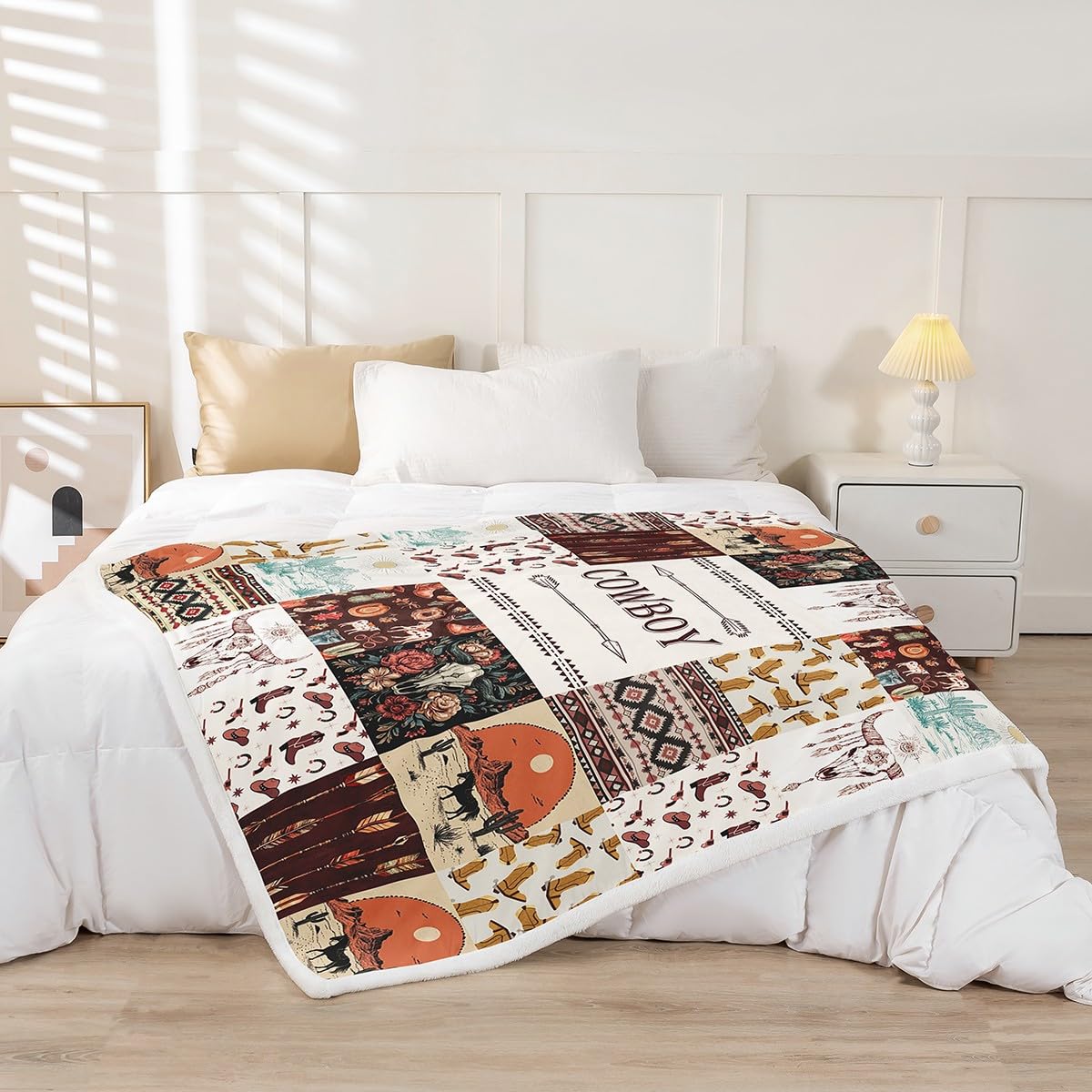 Erosebridal Western Cowboy Fleece Blanket Highland Cow Skull Sherpa Blanket 90"x90", Southwestern Decor Cowgirl Longhorn Bull Farm Animals Fuzzy Plush Throw
