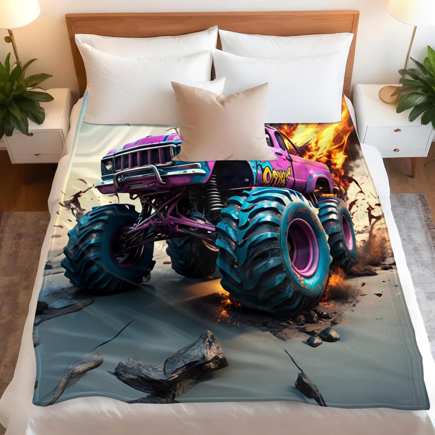 PAOABIU Monster Truck Blankets, Graffiti Car Throw Blanket for Couch Bed Sofa, Boys Blankets and Throws - Super Soft Cozy Plush Flannel Blanket Gifts & Decor, 66x90