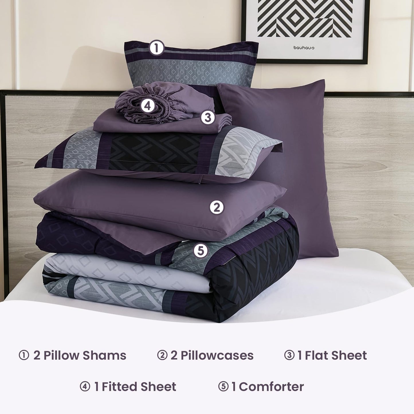 Cottolester Queen Comforter Set 7 Pieces,Black Purple Boho Striped Bed in a Bag,Soft Microfiber Complete Bedding Sets