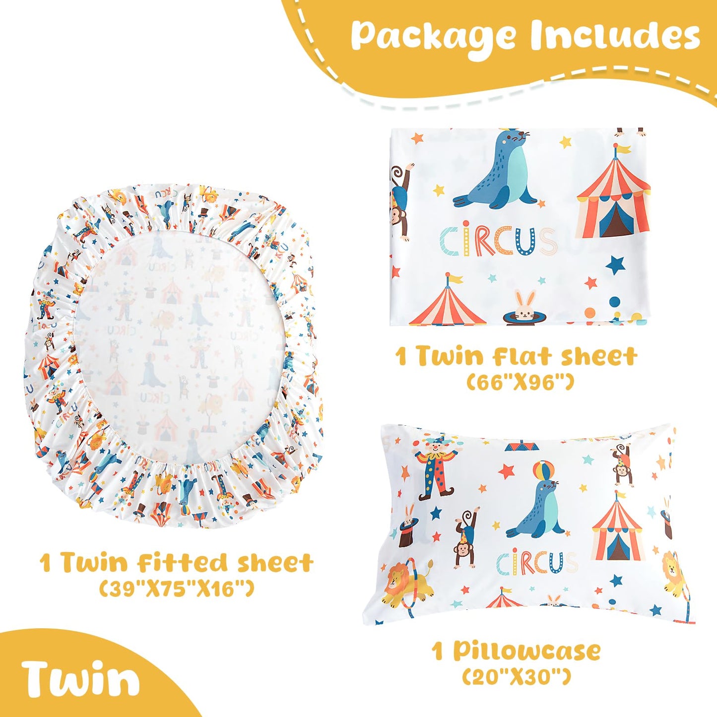 Swiftify Twin Sheets Set Kids for Boys & Girls Circus Clown, 3-Piece Bed Sheet Set for Toddler, Soft Brushed Microfiber Bedding, Deep Pocket, Wrinkle & Fade Resistant, Carnival Circus Clown