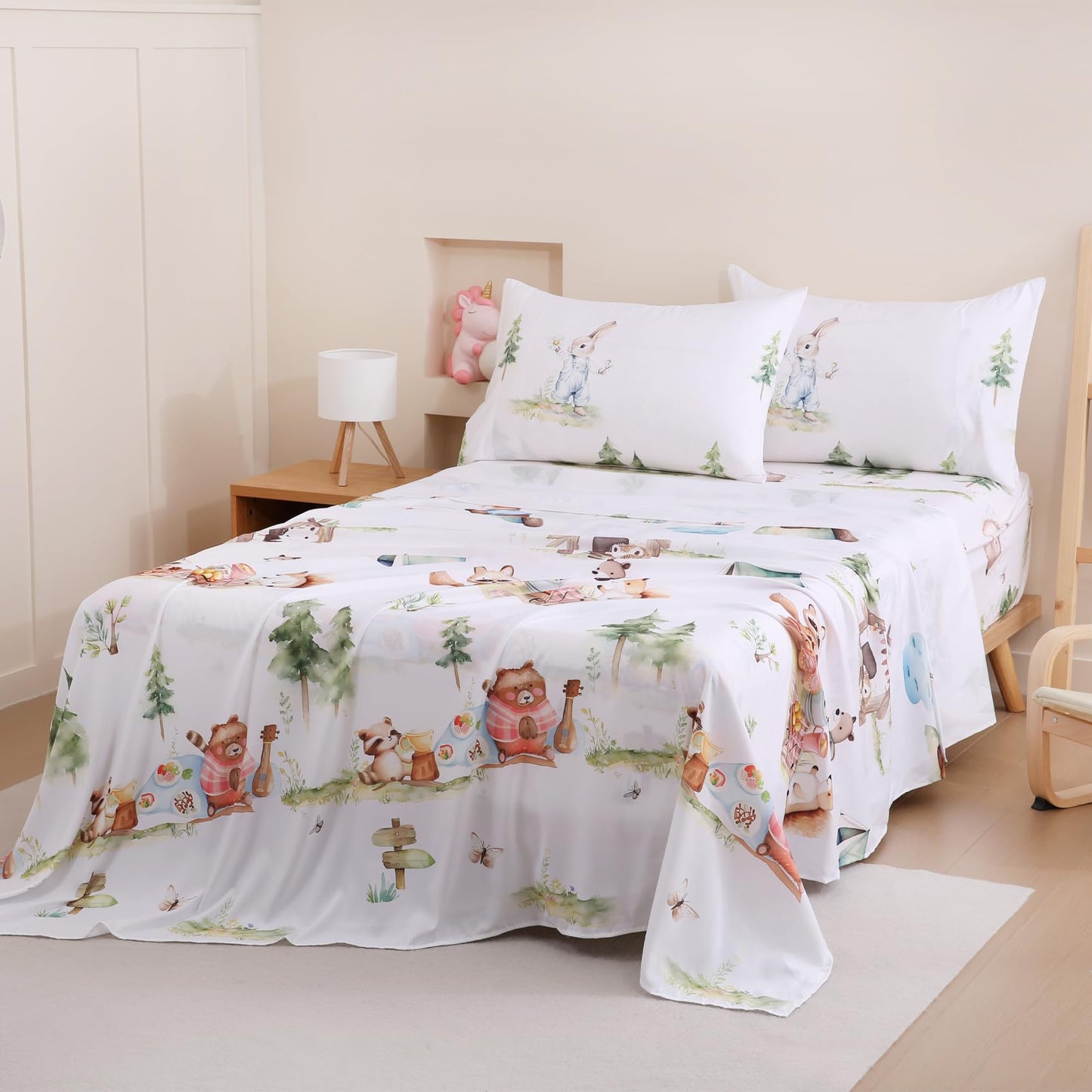 Yibeizi Camper Themed Sheet Set Twin, Kids Woodland Animals Print Bedsheets Microfiber Deep Pocket Cute Patterned Bed Sheet & Pillowcase Sets 3 Pieces