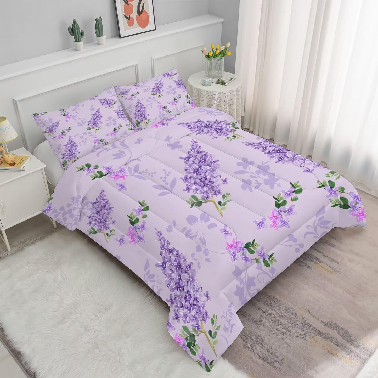 FUYEUN Floral Bedding Set Full : Purple Lilac Flower Comforter Set for Girls Women Kids Teens Bedroom Bed Bedspread Quilt,1 Comforter,2 Pillow Cases