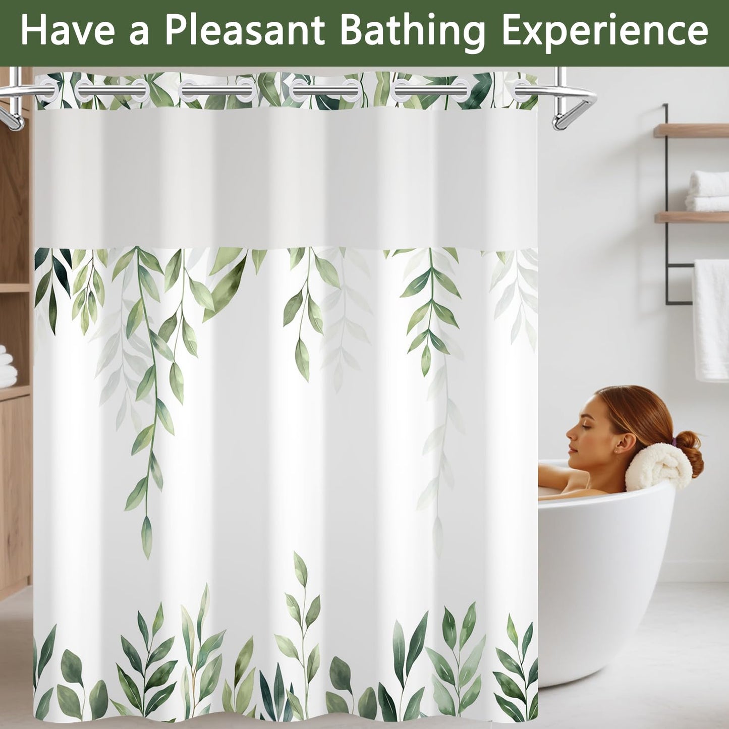 No Hook Light Green Leaves Shower Curtain with Snap in Liner, Waterproof Double Layers Fabric Shower Curtain, Modern Farmhouse Nature Botanical Bathroom Curtains with Top Sheer Window, 71x74 Inch