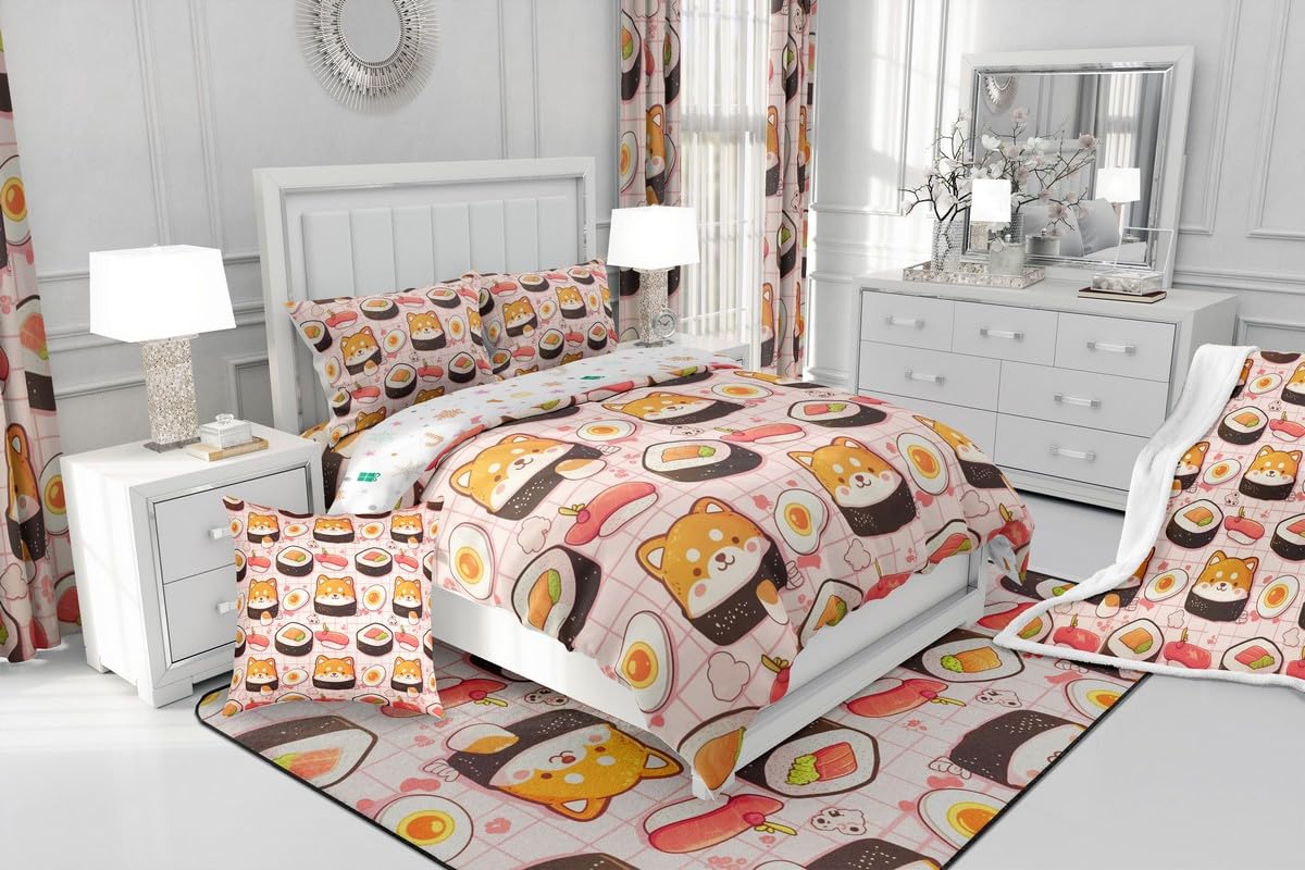 Erosebridal Kids Sushi Bedding Set Queen,Cute Shiba Inu Comforter Set Sushi Gifts for Kids Girls Boys,Kawaii Dog Puppy Quilt Bed Set Funny Food Bed Comforter Sets with 2 Pillowcases Room Decor