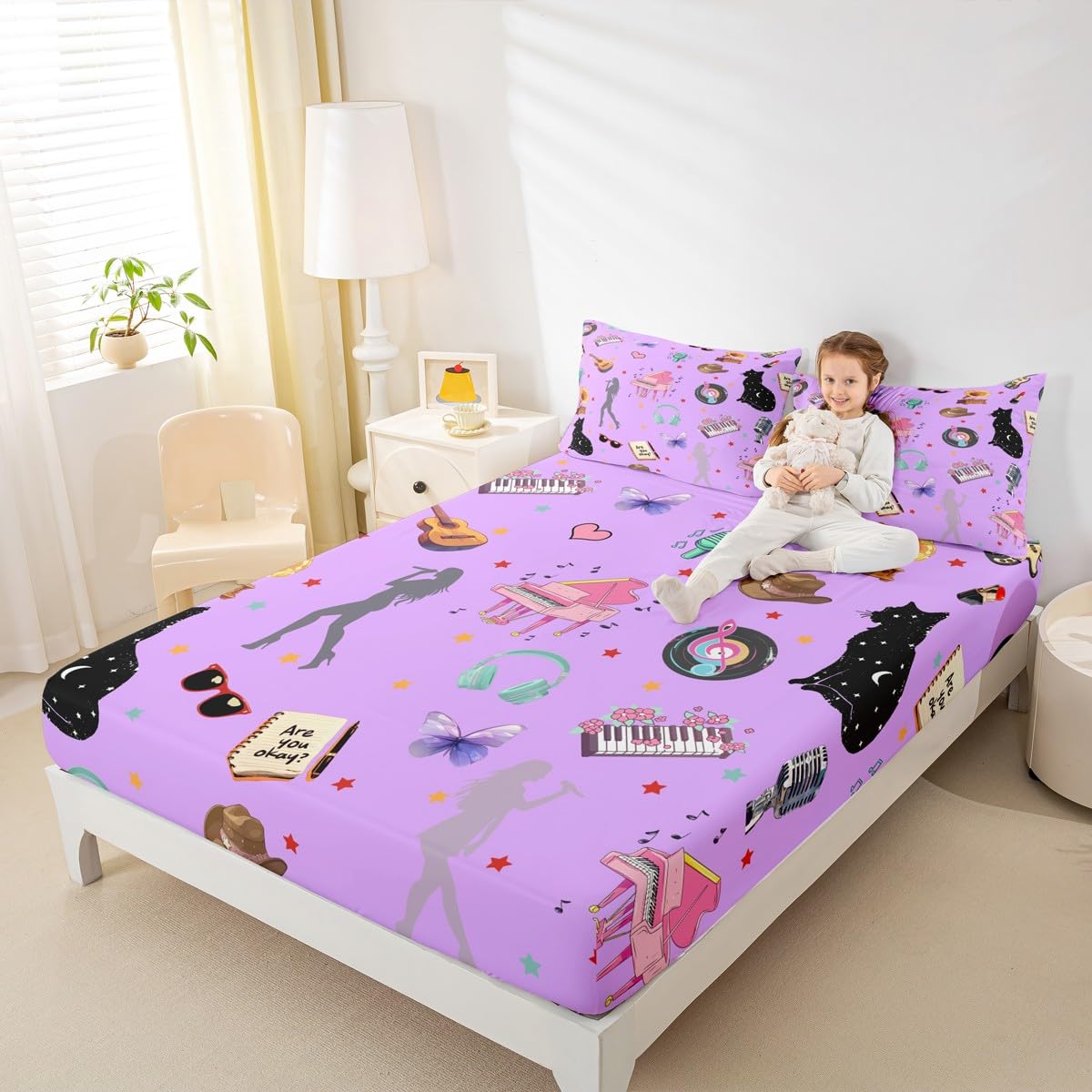 Erosebridal Romantic Purple Sheet Set King Music Themed Bed Sheets Set Black Cat Sheets Butterfly Stars Print Flat Fitted Sheet Modern Fashion Music Gift for Women Girls