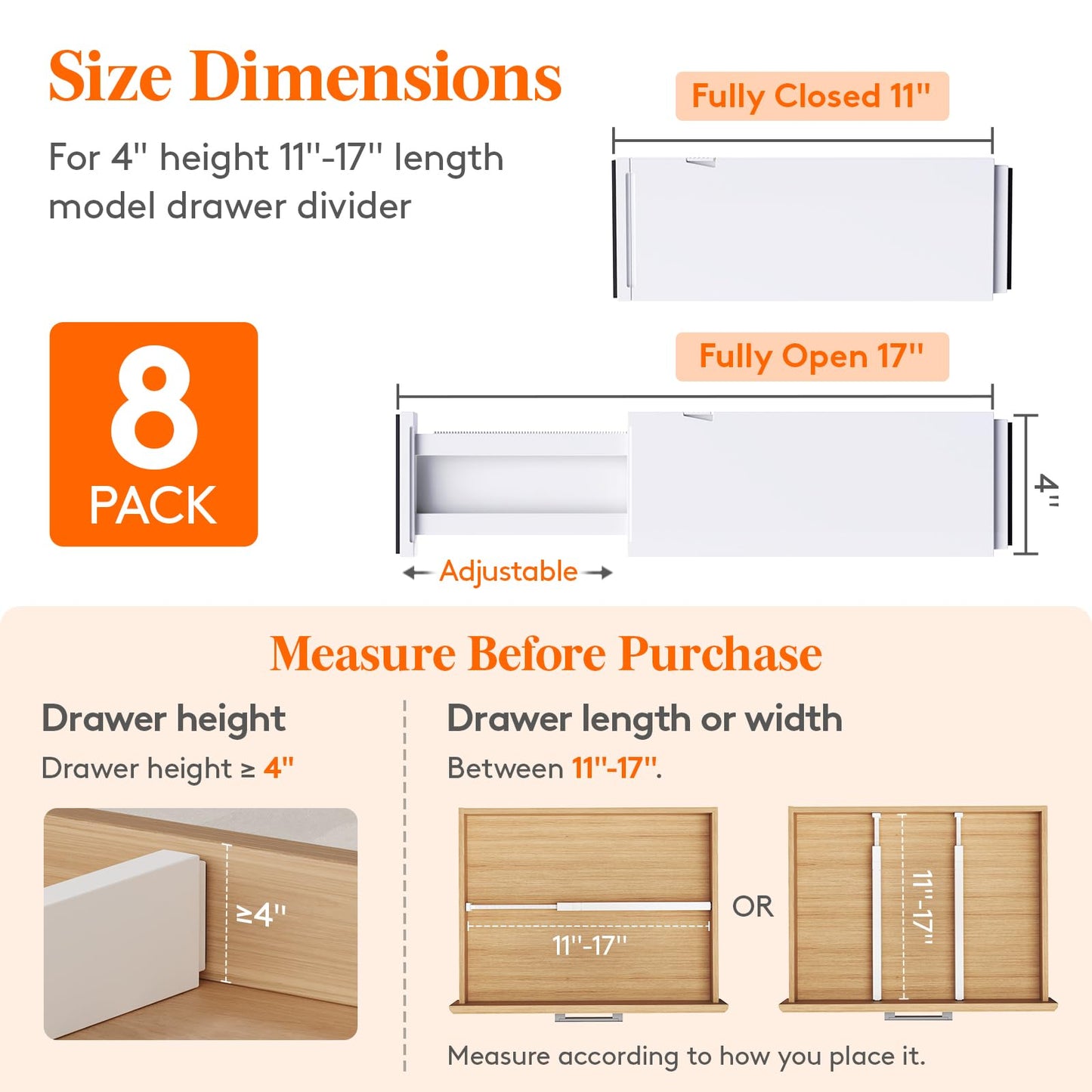 Lifewit 8 Pack Upgrade Drawer Dividers for Clothes, 4" High 11"-17" Adjustable Dresser Drawer Organizers, Expandable White Plastic Drawer Separators for Kitchen, Nursery, Office Organization & Storage