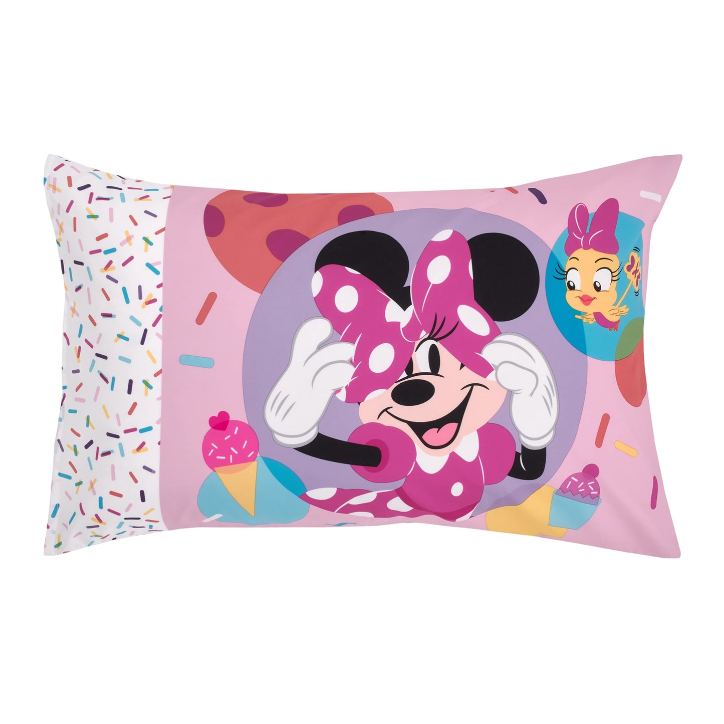 Disney Minnie Mouse Let's Party Pink, Balloons, Cupcakes, and Confetti Party at Minnie's 4 Piece Toddler Bed Set - Comforter, Fitted Bottom Sheet, Flat Top Sheet, and Reversible Pillowcase