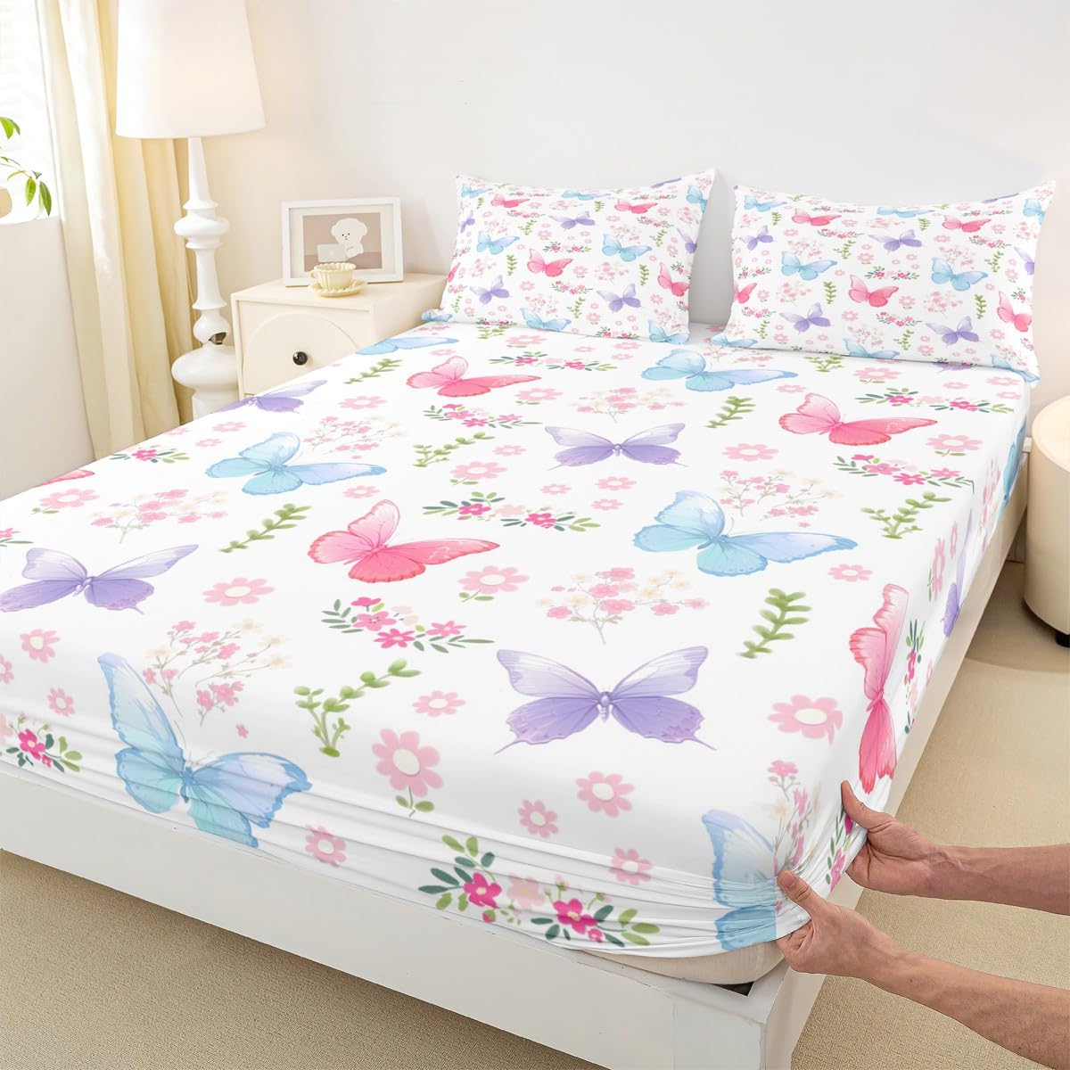 Feelyou Pink Butterfly Fitted Sheet with 1 Pillowcase Twin Size Garden Bed Sheets Set 16" Deep Pocket Boys Girls Purple Blue Butterflies Print Bedding Kawaii Pink Floral Teens Bedroom Decor
