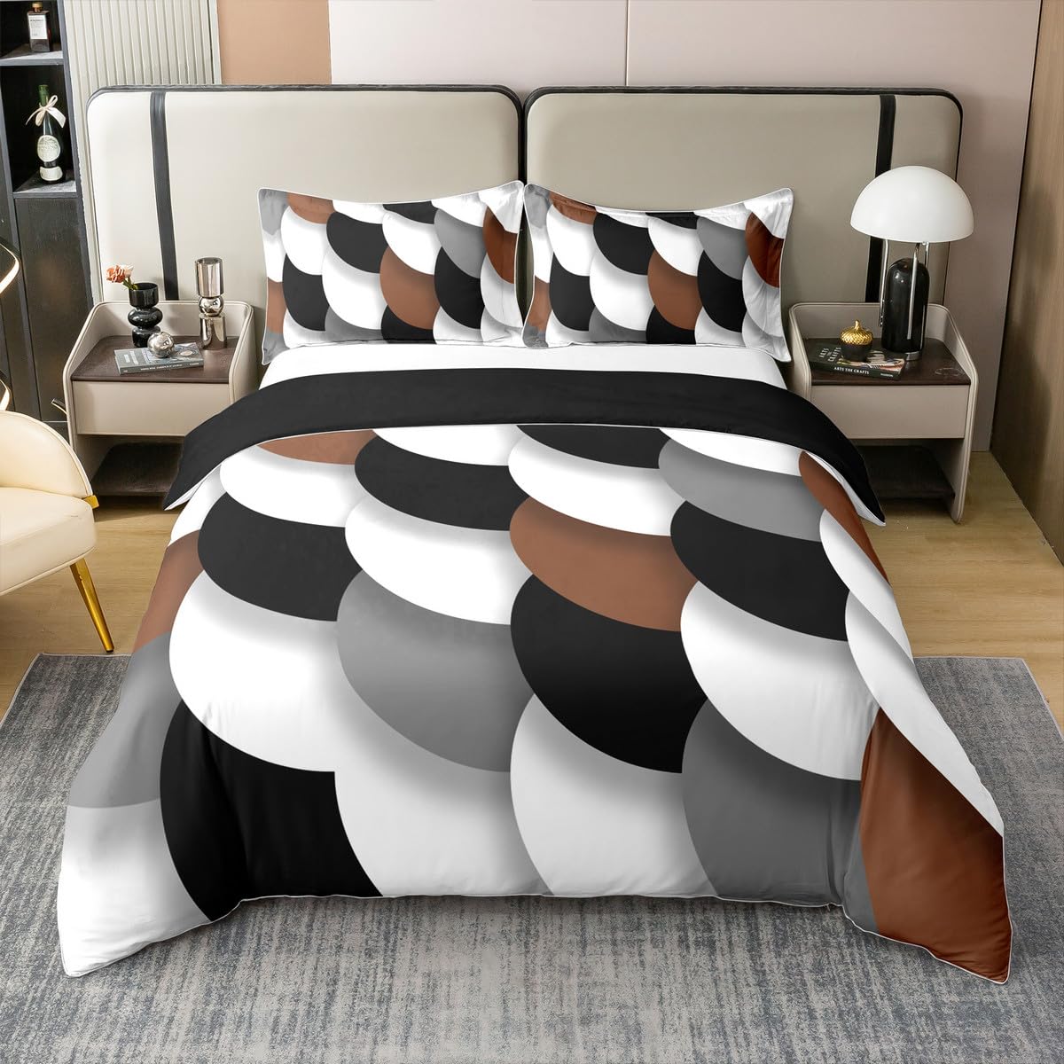 jejeloiu Brown Black White Geometric Bedding Set Queen Size Kids Abstract Art Duvet Cover 100% Cotton for Boys Girls Abstract Comforter Cover Soft（No Comforter）
