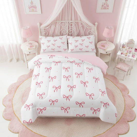 QOOMO 3Pcs Bow Comforter Set Twin,Pink Bow Bedding Set for Teens Boys Girls,Bowknot Printed Comforter with 2 Pillowcases,Down Alternative,Soft and Lightweight