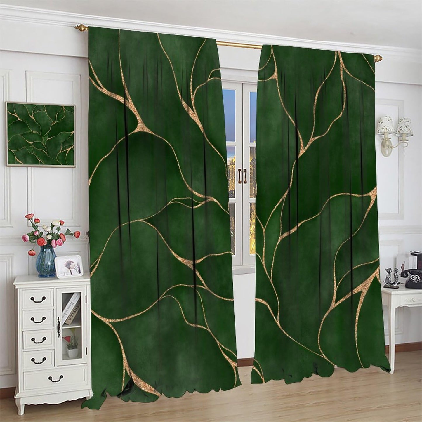 DDCBNS Abstract Green Leaf Curtains for Bedroom,Modern Luxury Deep Green Marble Texture Window Treatments for Living Room Kitchen Café Window Drapes 2 Panels Set,Total Size 42" x 45"