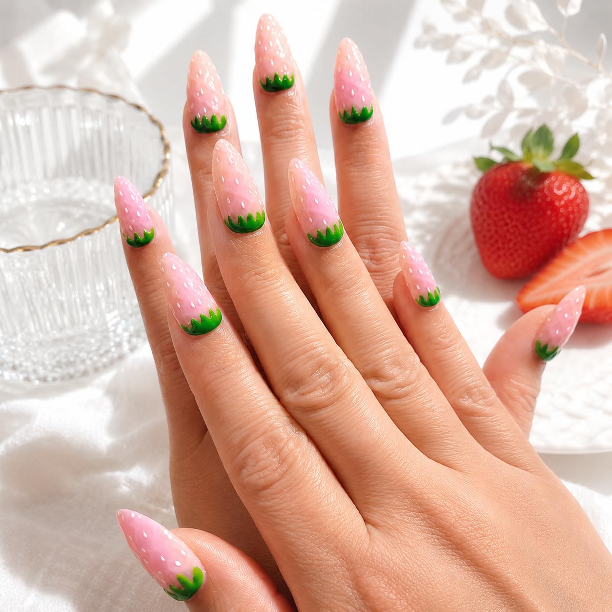 Handcrafted Press On Nails Cute Strawberry Pink Theme Fresh Fruit Pattern 100% Handmade Realistic Artistic Fake Nails Gifts For Women (Pink Strawberry, Medium M)