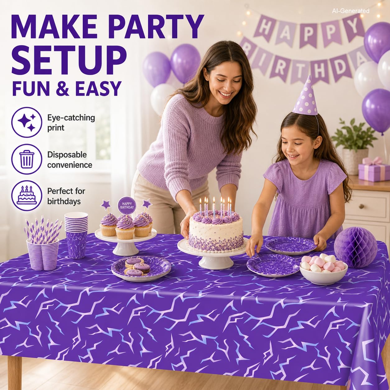 ANLLECR 3Pcs 54 x 108 Inch Purple Demon Lightning Theme Disposable Tablecloth, Waterproof Plastic Table Cover for Birthday Party, Music Themed Party, Halloween & Event Decorations