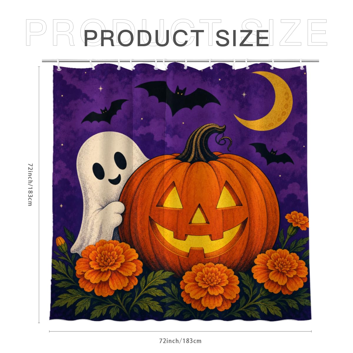 TopPacific Halloween Ghost Pumpkin Shower Curtain 72x72 Inch Shower Curtain with 12 Hooks Polyester Ghost Jack O Lantern Bats Crescent Moon Purple Background Bathroom Decor
