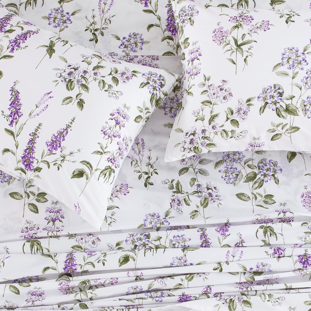 DAUAOTO King Size Cotton Bedding Printed Sheets Set, Up to 14" Deep Mattress, Velvet Purple Floral Pattern Bedlinen Sets, Provence Lavender