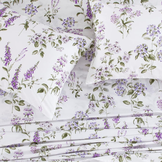 DAUAOTO Twin Size 100% Cotton Sheets Set, Printed Bedding, Up to 14" Deep Mattress, Velvet Purple Floral Pattern Bedlinen, Provence Lavender