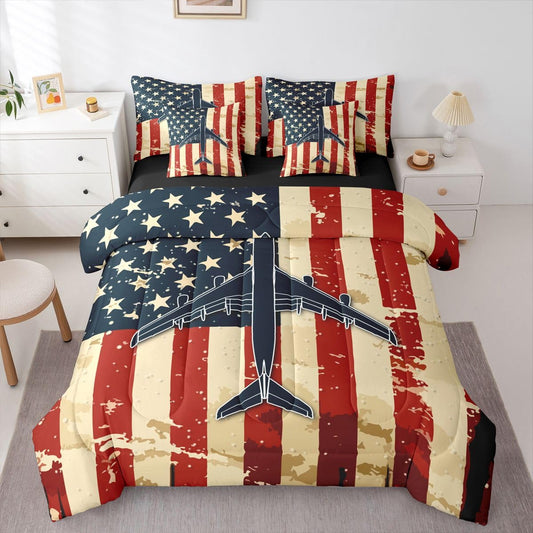Erosebridal 7 Pcs American Flag Airplane Comforter Set Twin Military Airplane Bedding Set with Sheets for Boys Kids Teens Men Vintage Patriotic Bed in A Bag Navy Plane Bed Sets for Aviation Lovers