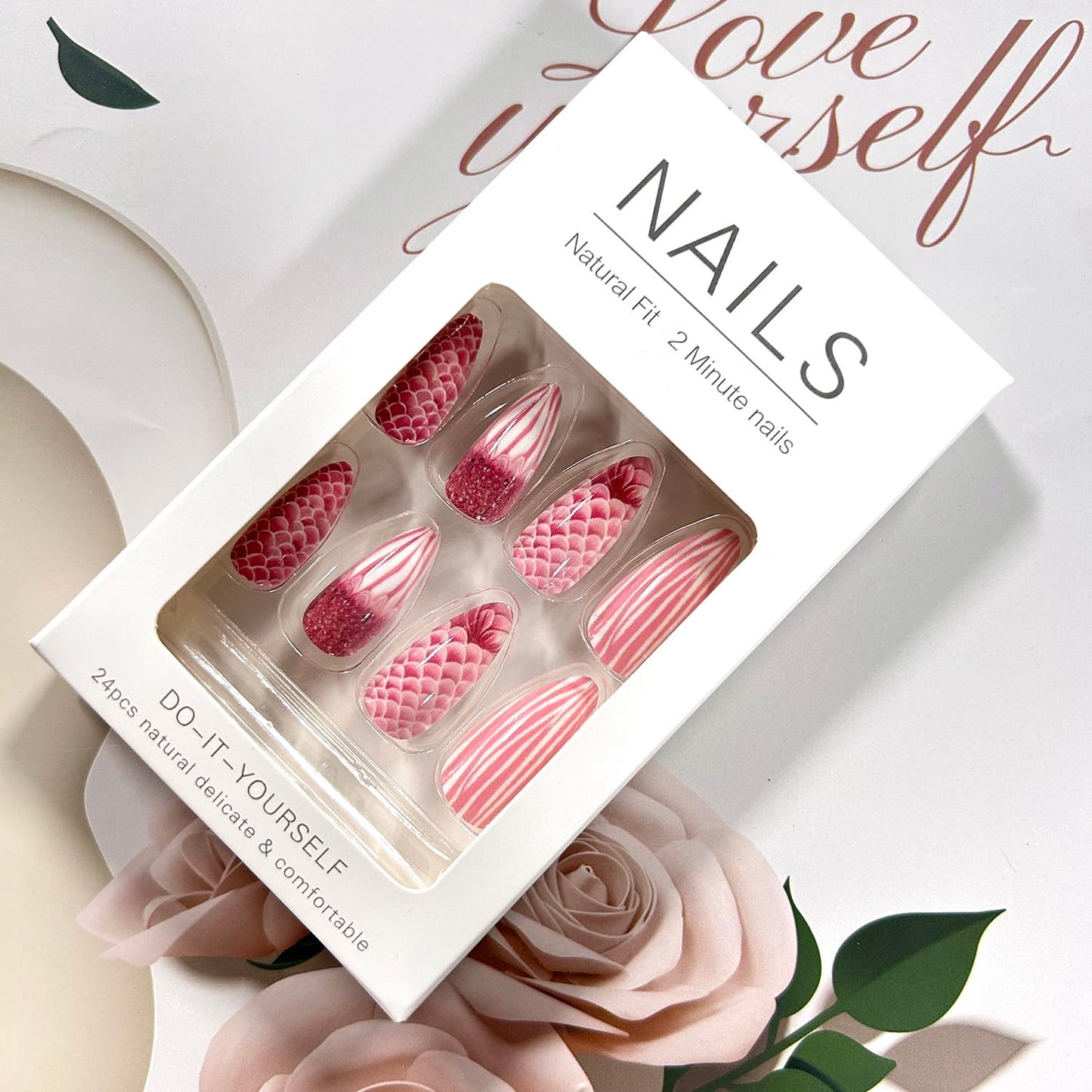 LOPMNGHT Almond Tip Press on Nails Long Length Pink Fish Scales Pattern Design Full Cover Glossy Acrylic False Nail Almond Shaped Stick on Nail 24Pcs Pink French Tip Press Ons Glue on Nails for Women