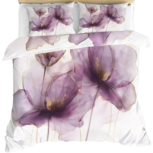 QINYUN Floral Duvet Cover Oversized King, Watercolor Flower Bedding Set 3 Piece, Elegant Purple Flower Comforter Cover with Zipper & Ties, 2 Pillowcases