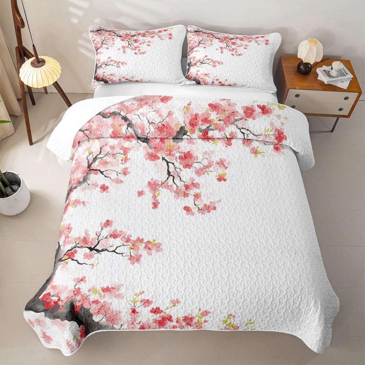 Erosebridal Cherry Blossoms Quilt Japanese Style Quilt Set Full Pink Flowers Bedding Coverlet Branches Plant Floral Bedspread