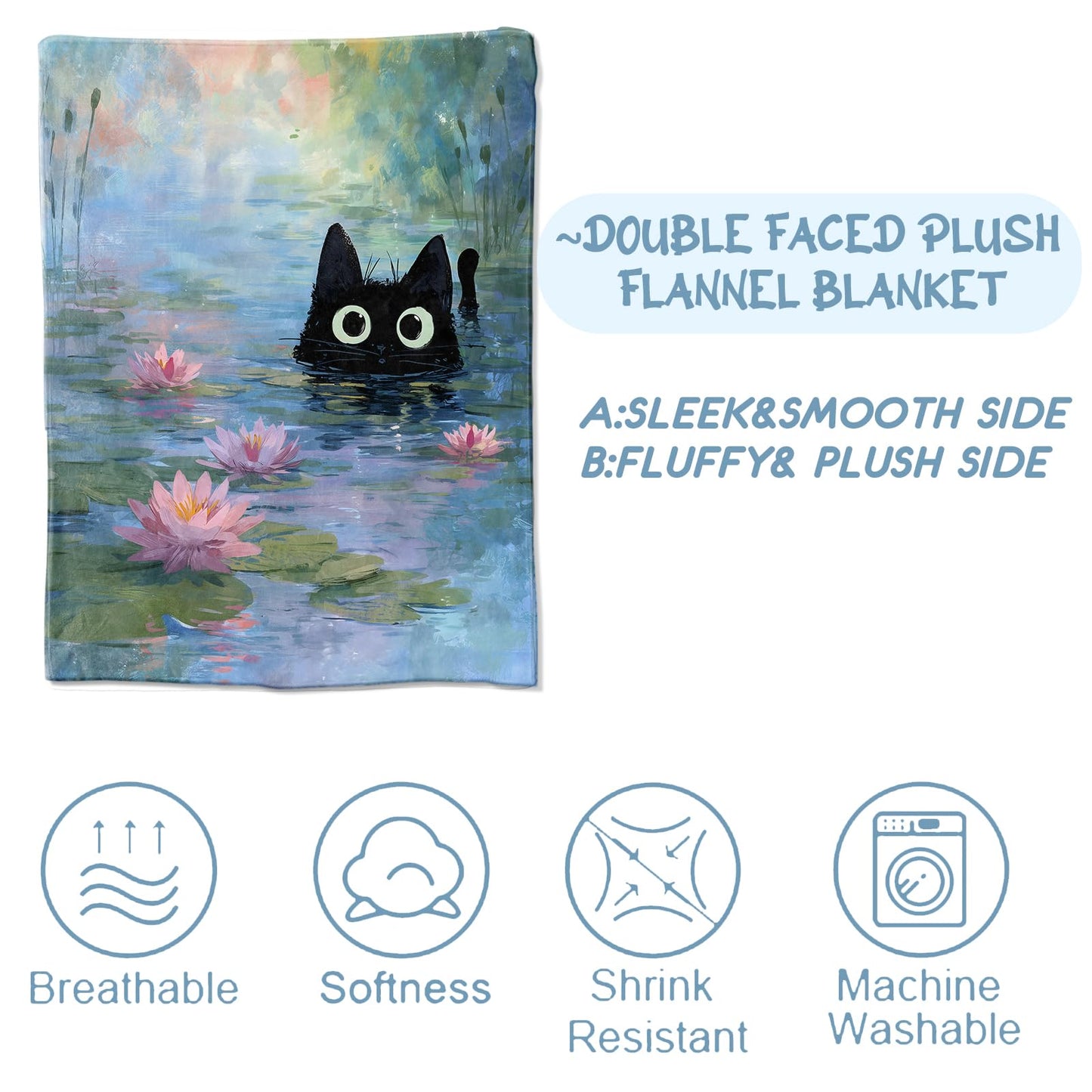 Zeleda Cute Cat Flannel Blanket, Soft Cozy Throw with Kitten and Lily Pond, Lightweight Blankets for All Seasons, Oil Painting Dreamy Floral Home Sofa Bed Decor and Gifts for Women Girls, 50x60 Inch
