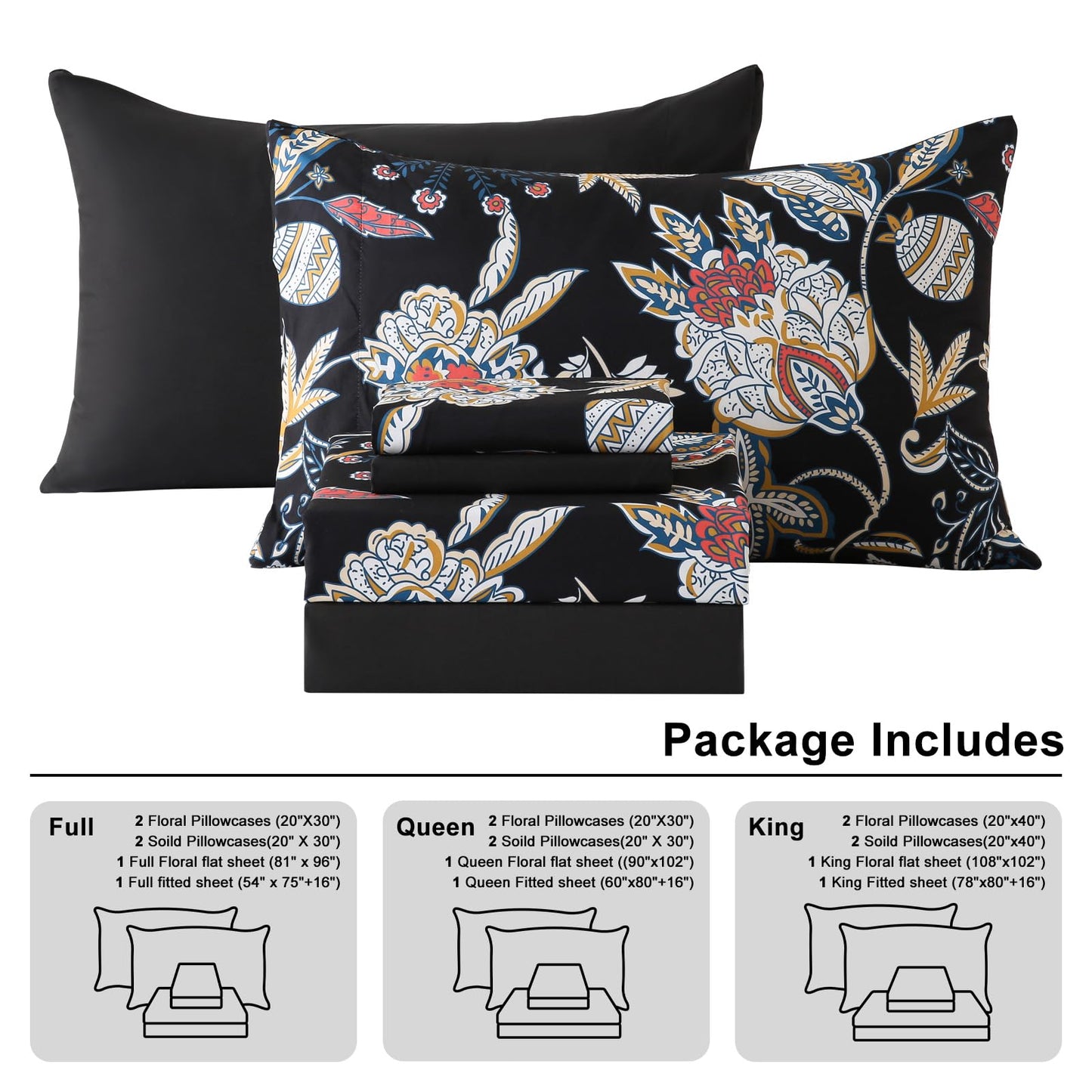Botanical 6-Piece Full Size Sheets Set, Boho Floral Print Brushed Microfiber Sheets, Cooling Bed Sheet Set, Ultra Soft & Breathable, 16' Deep Pocket Fitted Sheet & Pillowcase Set, Black Floral