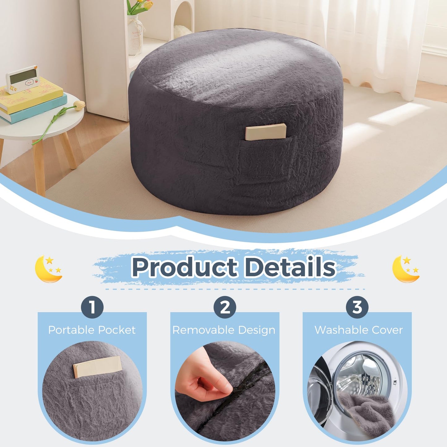 MAXYOYO Bean Bag Chair for Kids, Convertible Bean Bag Folds from Lazy Chair to Comfy Floor Sofa Couch, Stuffed Floor Sofa for Boys and Girls, High-Density Foam Filling, Dark Grey