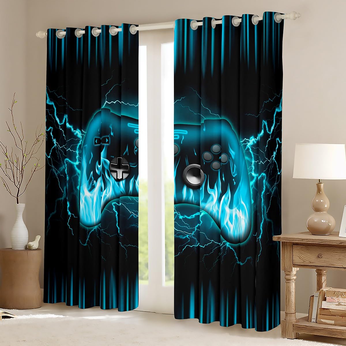 Feelyou Gamer Window Curtains for Living Room for Kids Boys,Gaming Curtains,3D Geometric Video Game Contoller Window Drapes,Lightnings Fire Gaming Blackout Curtains, 52W X 63L,2 Panels