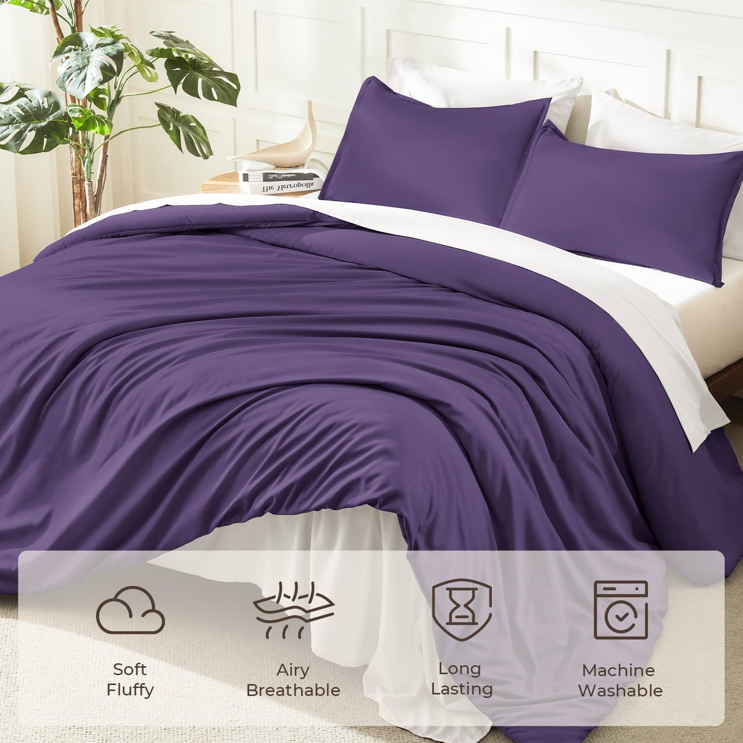 Litanika Dark Violet Purple Comforter Set King Size, 3 Pieces Lightweight Solid Bedding Comforter Set, All Season Fluffy Bed Set (104x90In Comforter & 2 Pillowcases)