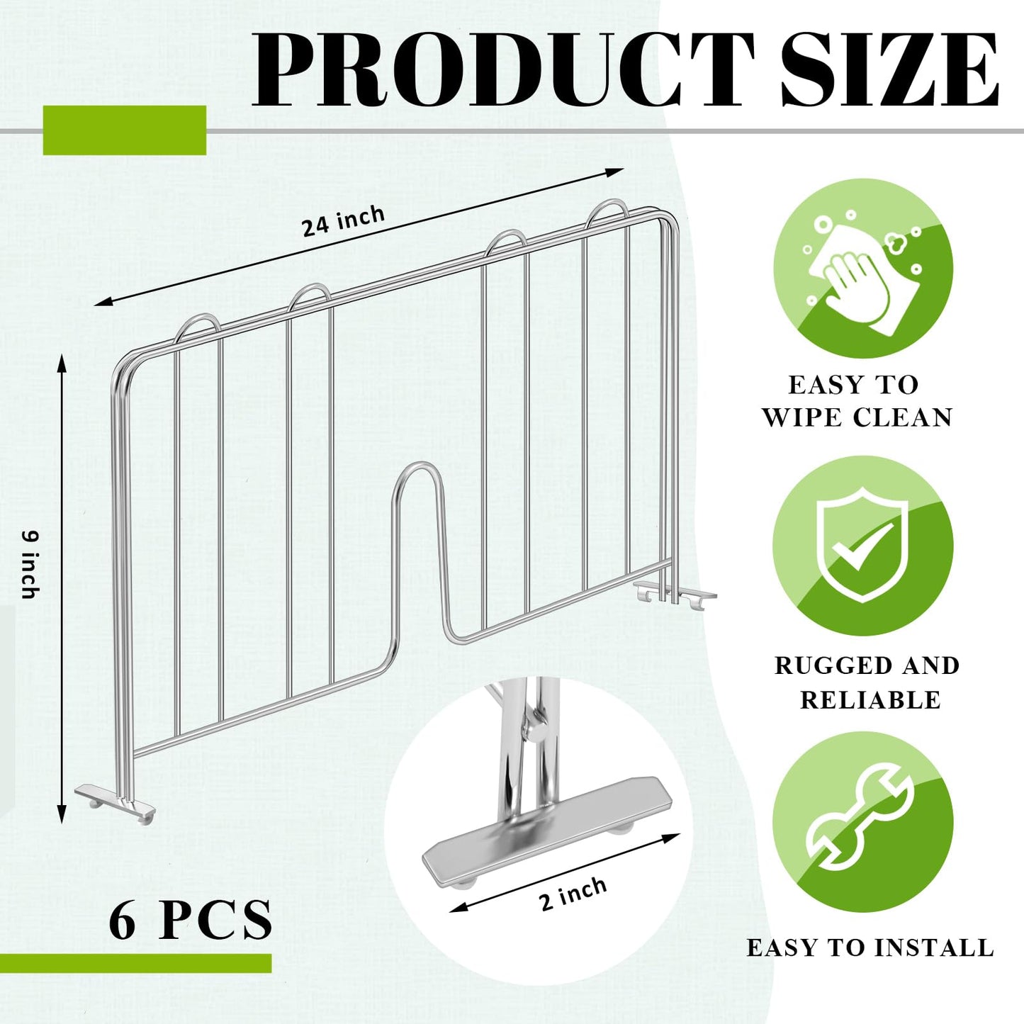 MorningRo 6 Pcs 24" W X 9" H Wire Shelf Divider Chrome Plated Steel Wire Rack Divider for Shelving Metal Accessories for Bathroom Kitchen Office Pantry Room Storage Organization, Silver