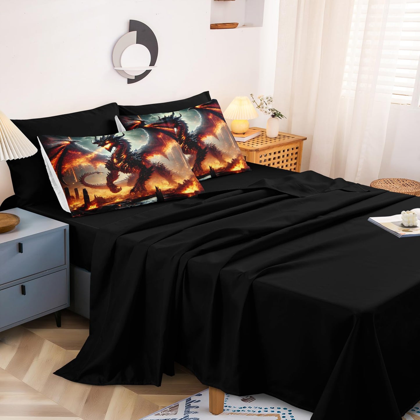 Bedbay Fire Dragon Bed in a Bag King Size Comforter Set with Sheets Mythical Sci-fi 3D Fiery Dragon Print Boys Girls Teen Adults Room Decor Soft Fluffy Comforter Fantasy Bedding Set for All Seasons