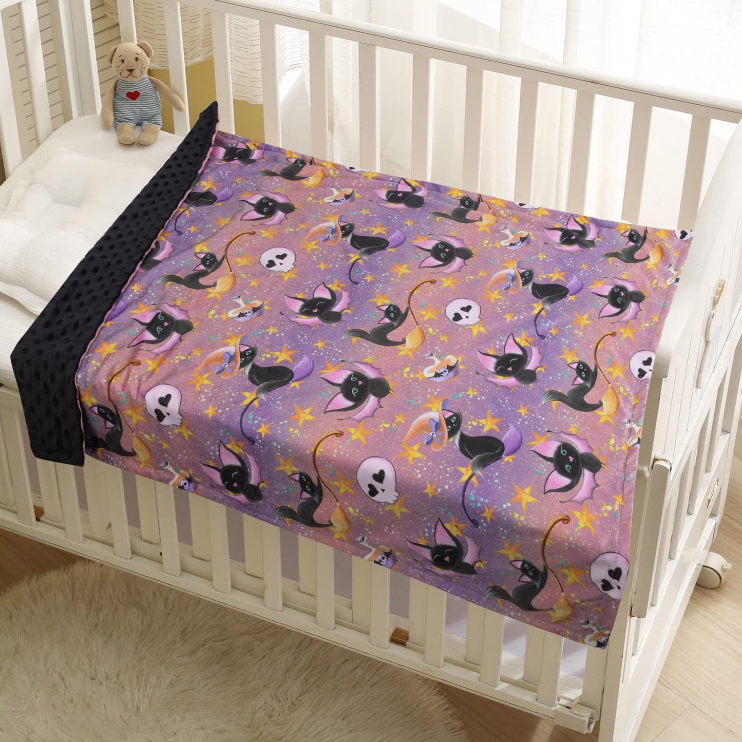 Donsonny Baby Blanket for Boys Girls Soft Minky with Double Layer Dotted Backing, Halloween Printed 30 x 40 Inch Receiving Blanket (Halloween bat)