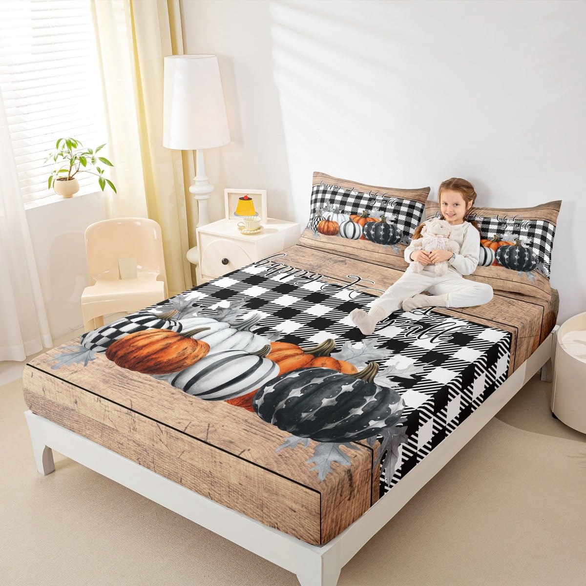 Fall Pumpkins Bed Sheets Queen Rustic Farmhouse Thanksgiving Theme Beddig Set Black White Buffalo Plaid Fitted Sheet Happy Autumn Fall Sheet Set Wooden Board Flat Sheet 2 Pillow Cases Home Room Decor