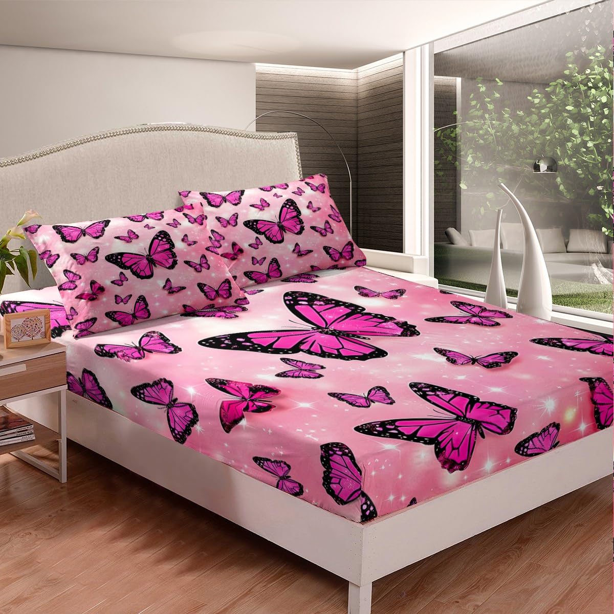Feelyou Boys Girls Butterfly Bed Sheet Set Full Size, Valentine's Day Bedding Set Glitter Fitted Sheet Kids Romantic Teens Bed Cover Bedroom Decor Bed Set 3Pcs (No Flat Sheet)