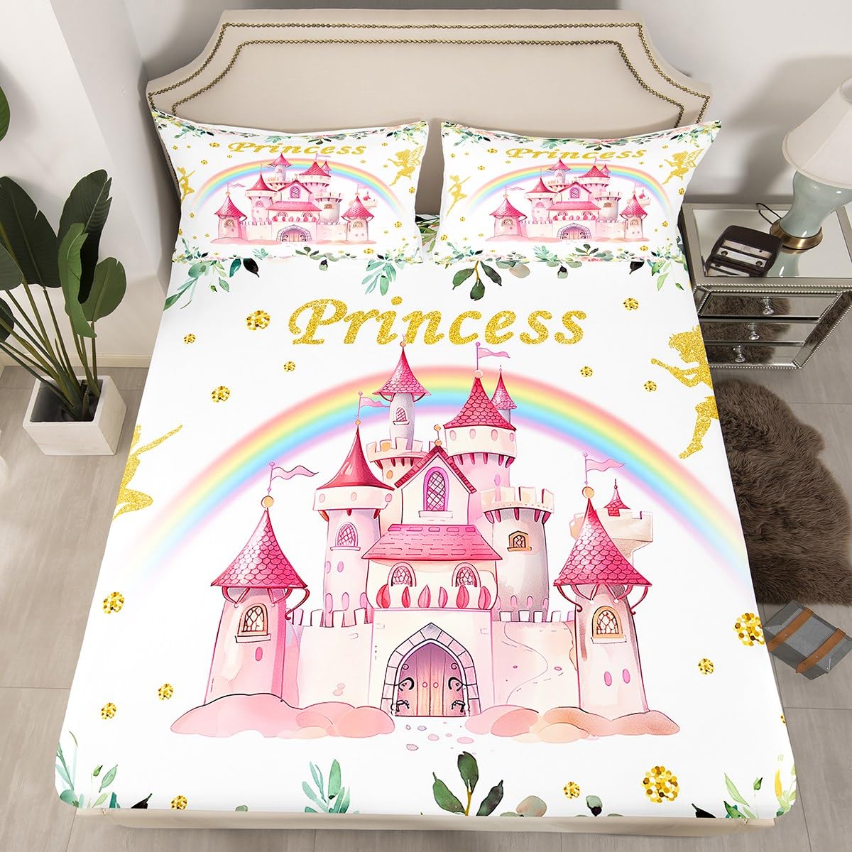 Erosebridal Princess Twin Fitted Sheet,Pink Castle Dreamy Bedding Set for Girls Kids,Fairy Garden Floral Bed Set,Cute Rainbow Pink Bed Sheets 2Pcs Bedroom Decor (No Flat Sheet)