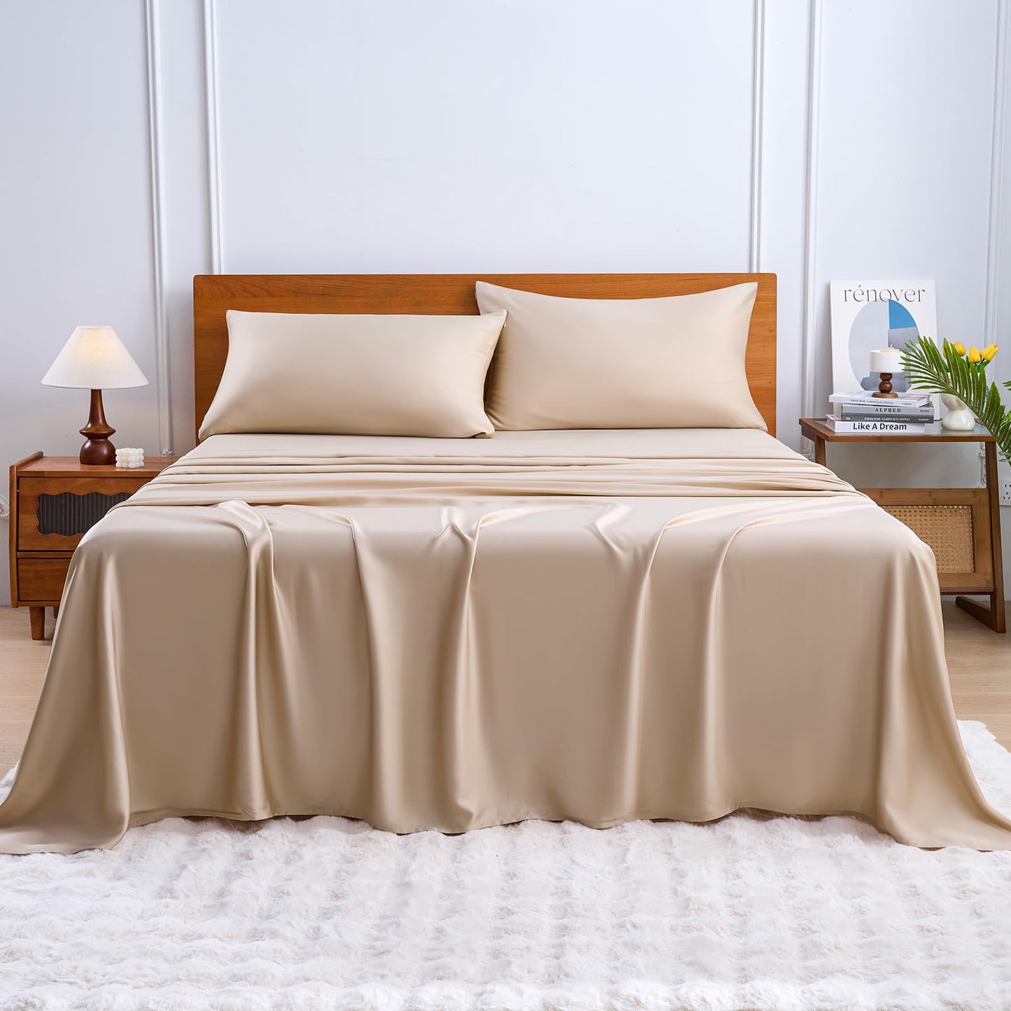 YIYEA 100% Viscose Derived from Bamboo Sheets, 600 Thread Count Cooling Bed Sheet Set for Hot Sleepers, Silky Soft, Breathable, 16" Deep Pocket, 4PC, King, Beige
