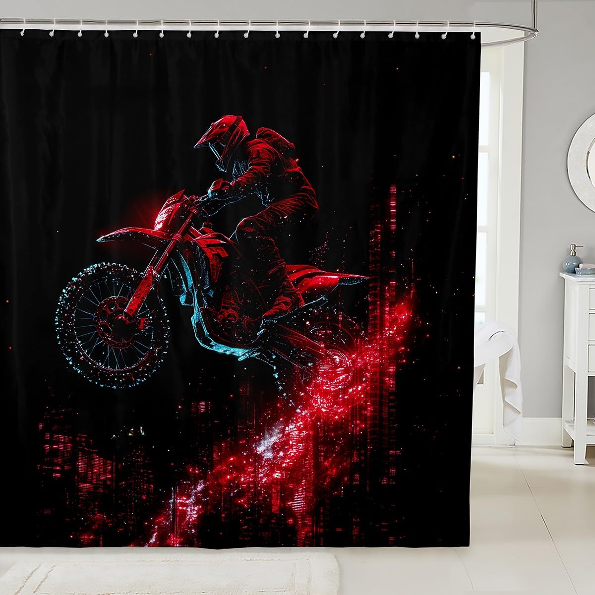 Feelyou Kids Dirt Bike Bath Curtain Racing Motocross Rider Shower Curtain Motorbike Bathroom Shower Curtain Set Boys Girls Extreme Sports Teens Bathroom Accessories Bedroom Decor 72"x78"